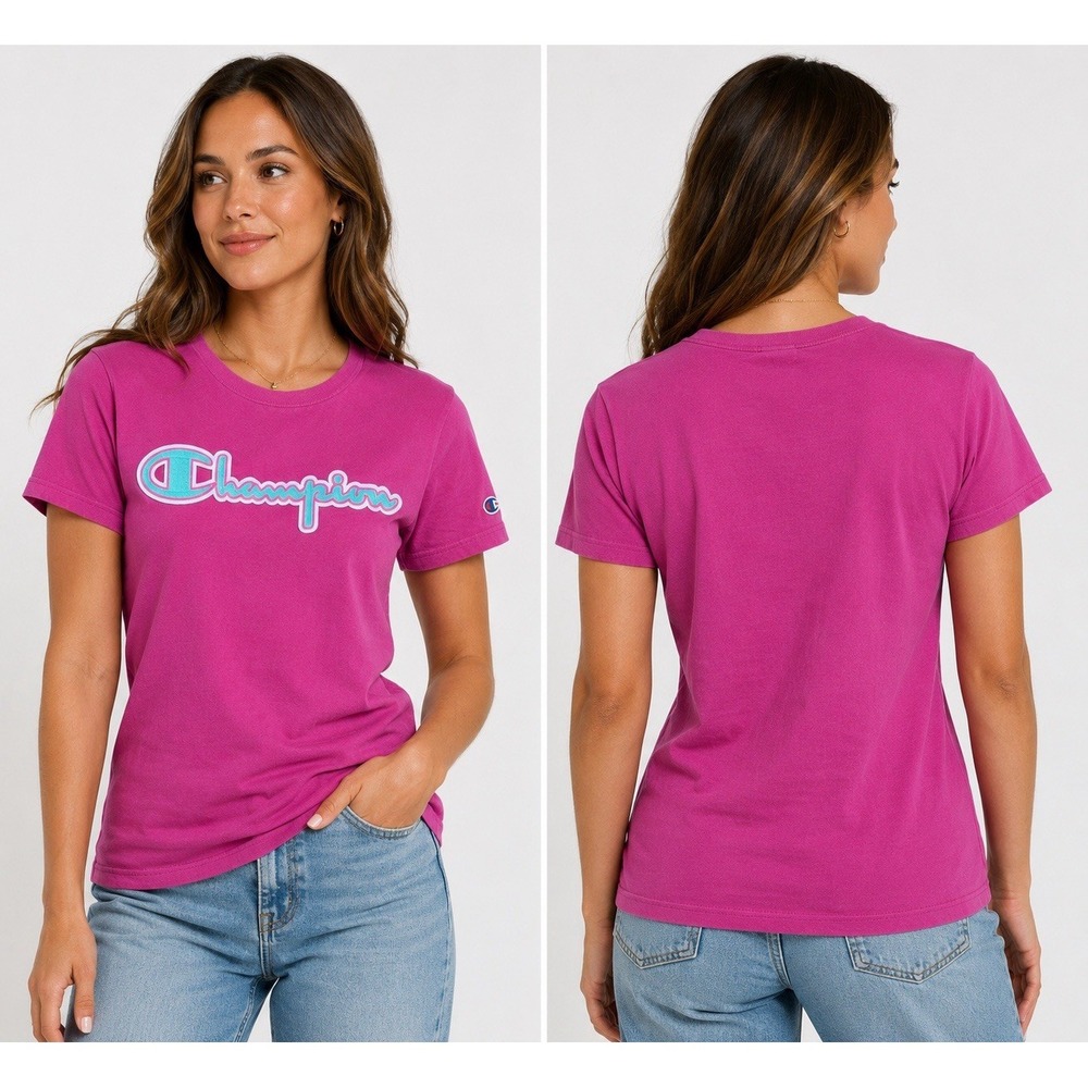 Champion Women's Magenta Logo T-Shirt Medium Pink Blue 3D Script Y2K Streetwear